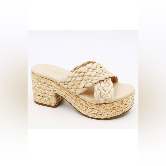 NWT!! RAFFIA NATURAL CRISS CROSS PLATFORM CHUNKY HEEL SLIDE SANDAL - Picture 7 of 11
